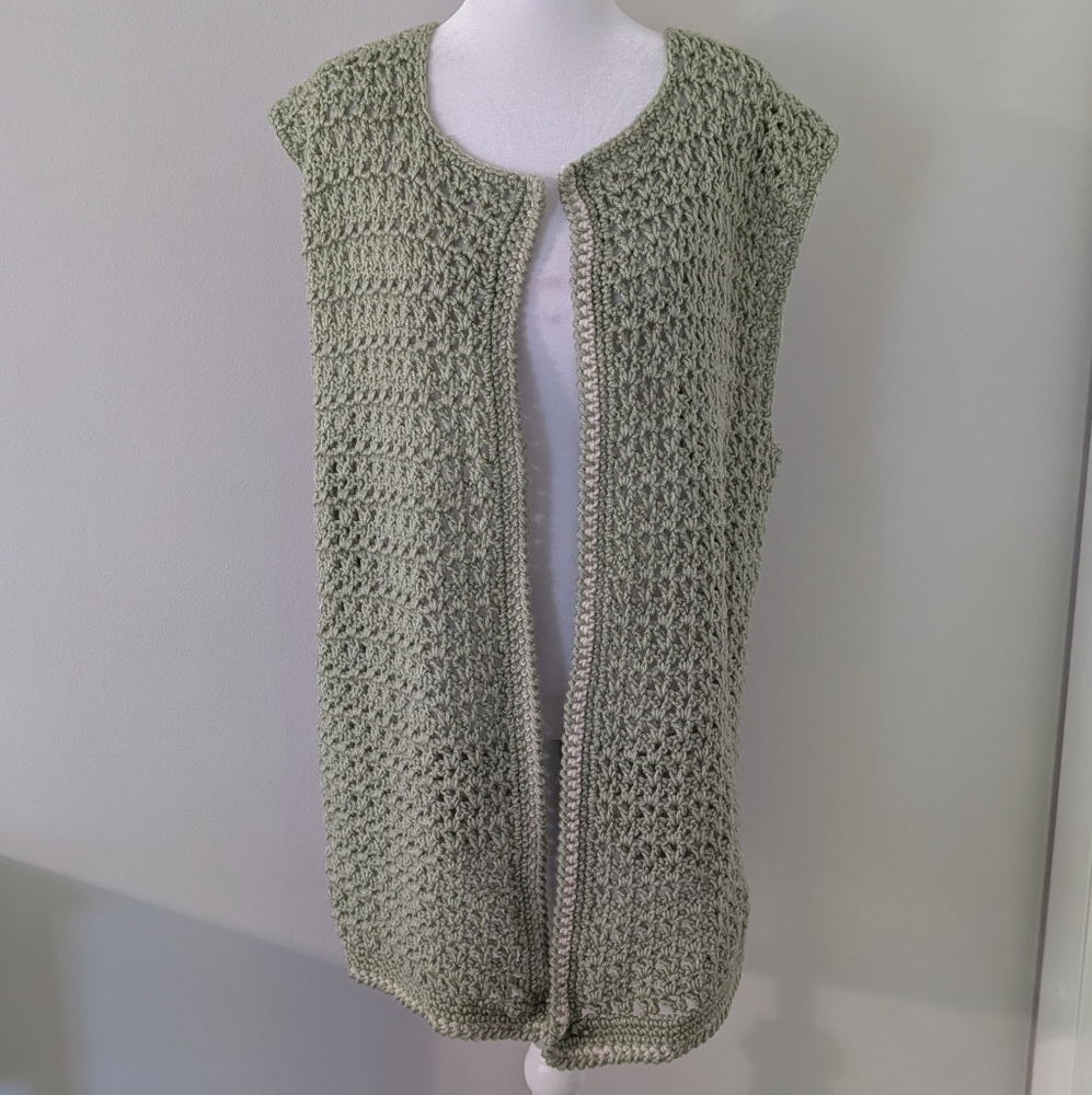 Vintage Womens Handmade‎ Crocheted Sweater Vest Boho Soft Open Front Sage Green